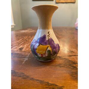 Hand-Painted Ceramic Mini Vase With Cottage House Scene & Purple Flowers 5 Inche
